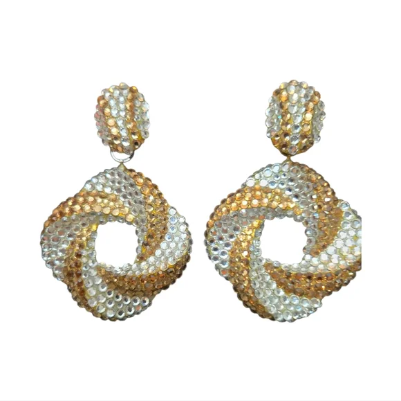 Vintage Richard Kerr 1980 Champagne Crystal Swirl Hoop Drop Earrings Signed - Picture 5 of 8